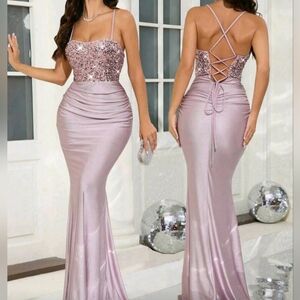 ✨️Belle Women's Elegant Gorgeous Sequins Splicing Tie Backless Satin Dusty Pink✨